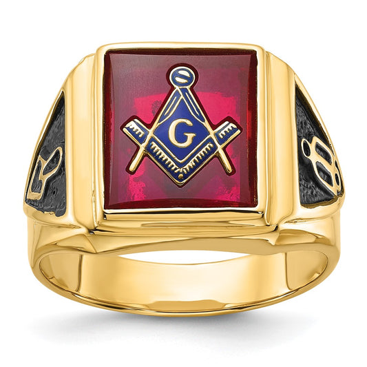 Buy Stylish 14K Men's Masonic Ring - Polished, Textured, Ruby Accent