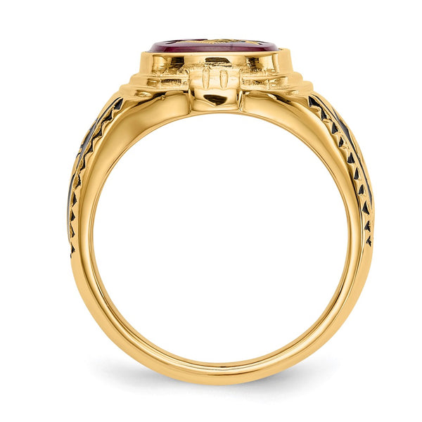 14K Men's Masonic Ring - Black Enamel Lab-Created Ruby, 8mm