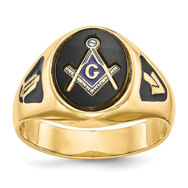 14K Men's Masonic Ring, Polished, Onyx Stone