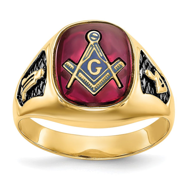 14K Men's Masonic Ring, Ruby Black Enamel