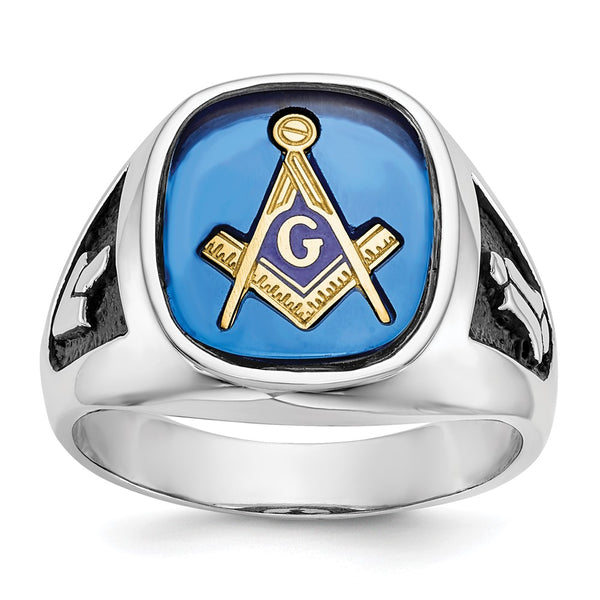 Men's 14K White Gold Masonic Ring with Blue Spinel & Enamel