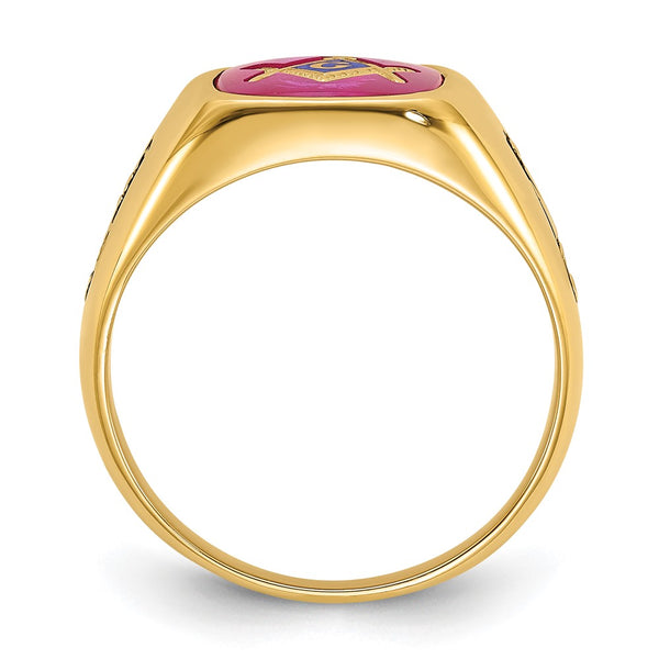14k Men's Masonic Ring - Polished, Black Enamel, Ruby