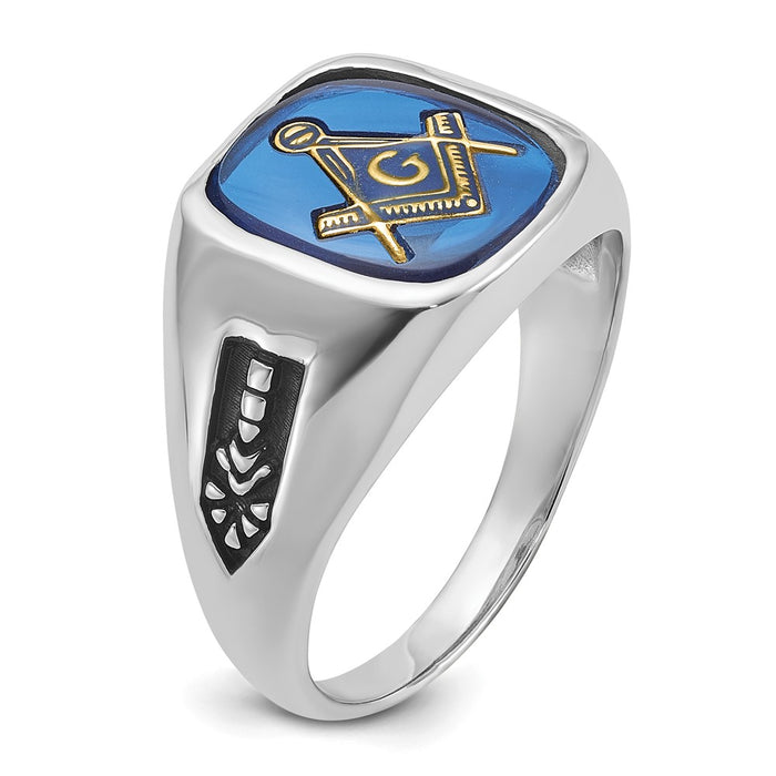 Shop Stylish Men's 14K White Gold Masonic Ring, 8mm, with Blue Spinel & Enamel-8