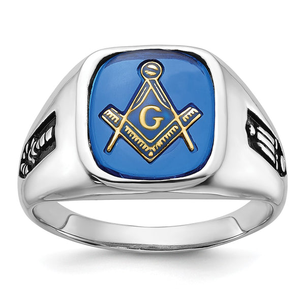 Men's 14K White Gold Masonic Ring, 8mm, Blue Spinel Enamel