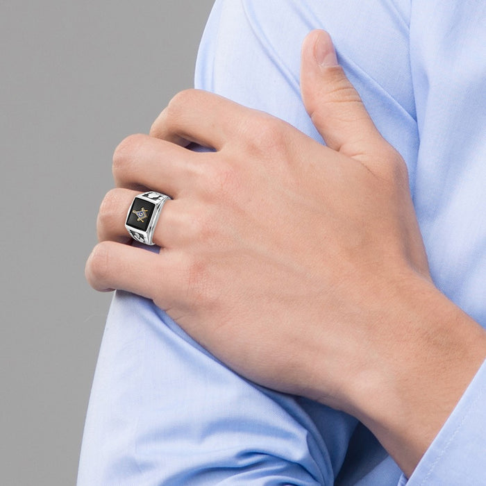Shop Stylish Men's 14K White Gold Masonic Ring - Polished, Textured Finish, Onyx-7
