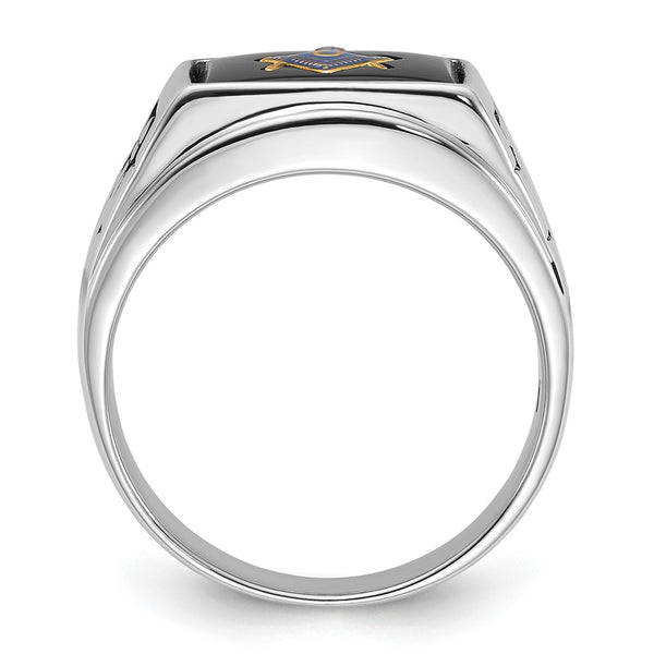 Men's 14K White Gold Masonic Ring - Polished, Textured, Onyx