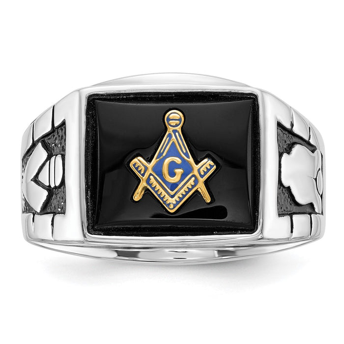 Shop Stylish Men's 14K White Gold Masonic Ring - Polished, Textured Finish, Onyx-3