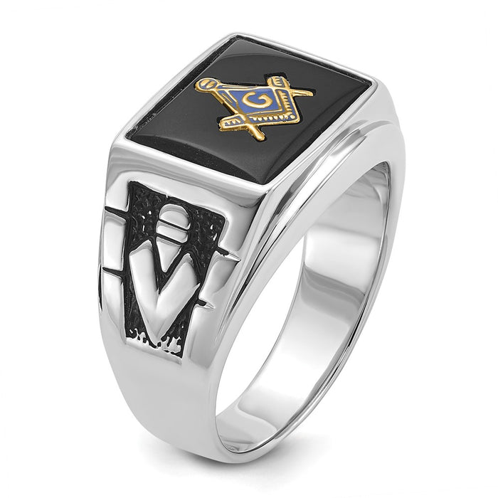 Shop Stylish Men's 14K White Gold Masonic Ring - Polished, Textured Finish, Onyx-8