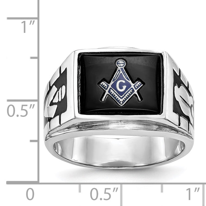 Shop Stylish Men's 14K White Gold Masonic Ring - Polished, Textured Finish, Onyx-6