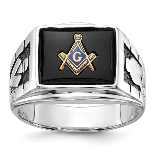 Men's 14K White Gold Masonic Ring - Polished, Textured, Onyx