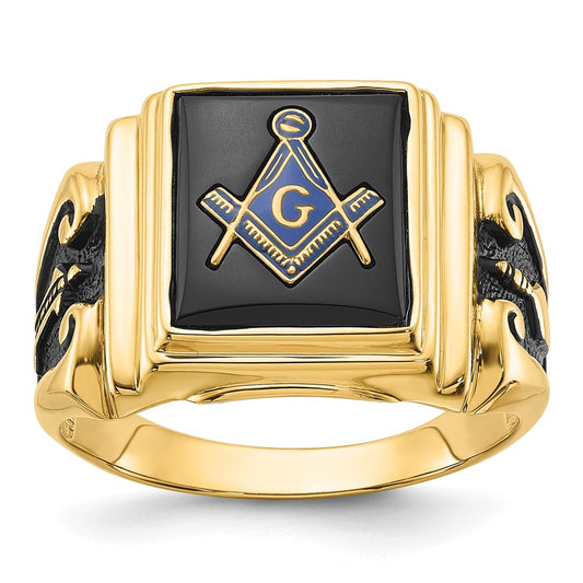 High-Quality Men's 14K White Gold Masonic Ring with Onyx, Stylish Finish