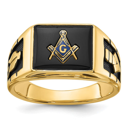 Exclusive 14K Men's Masonic Ring - Stylish Polished Finish & Onyx Accents