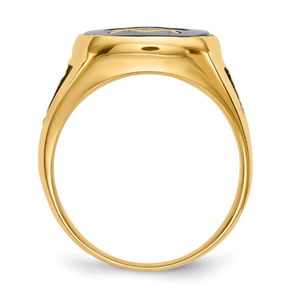 14K Men's Masonic Ring, Polished, Black Enamel Onyx Accents