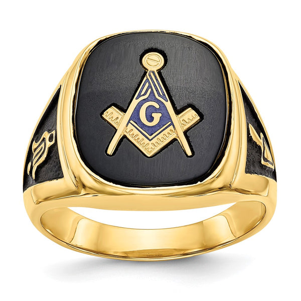 14K Men's Masonic Ring, Polished, Black Enamel Onyx Accents