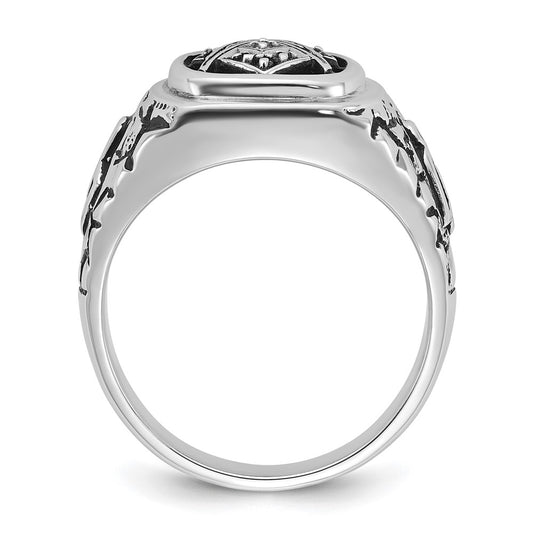 Exclusive Men's 14K White Gold Masonic Ring | Polished, Textured Design, Diamonds