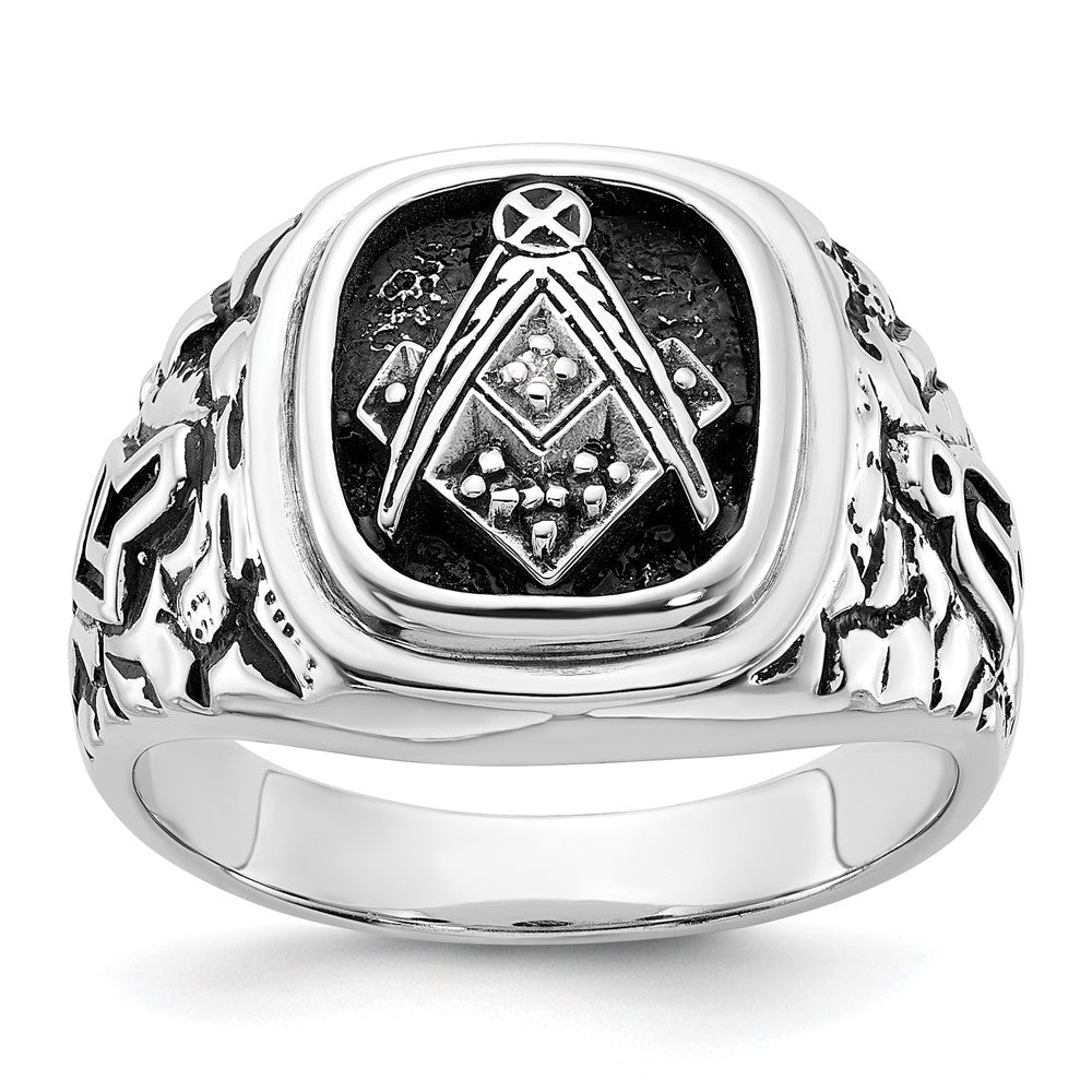 Exclusive Men's 14K White Gold Masonic Ring | Polished, Textured Design, Diamonds