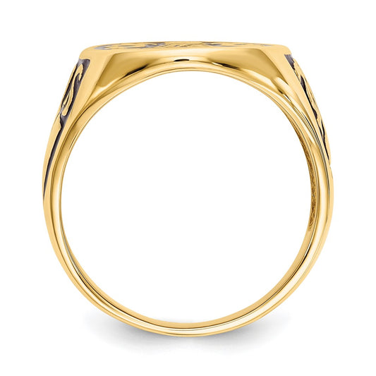Exclusive 14K Men's Polished Masonic Ring - Stylish Grooved Design & Black Enamel