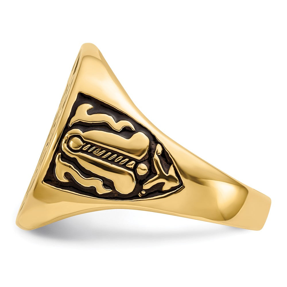 Exclusive 14K Men's Polished Masonic Ring - Stylish Grooved Design & Black Enamel