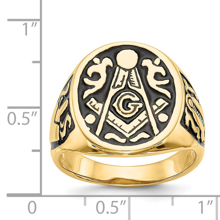 Exclusive 14K Men's Polished Masonic Ring - Stylish Grooved Design & Black Enamel-6