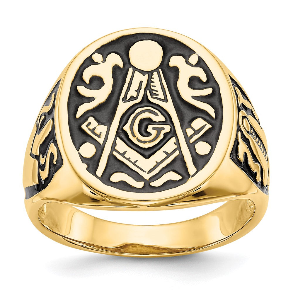 Exclusive 14K Men's Polished Masonic Ring - Stylish Grooved Design & Black Enamel