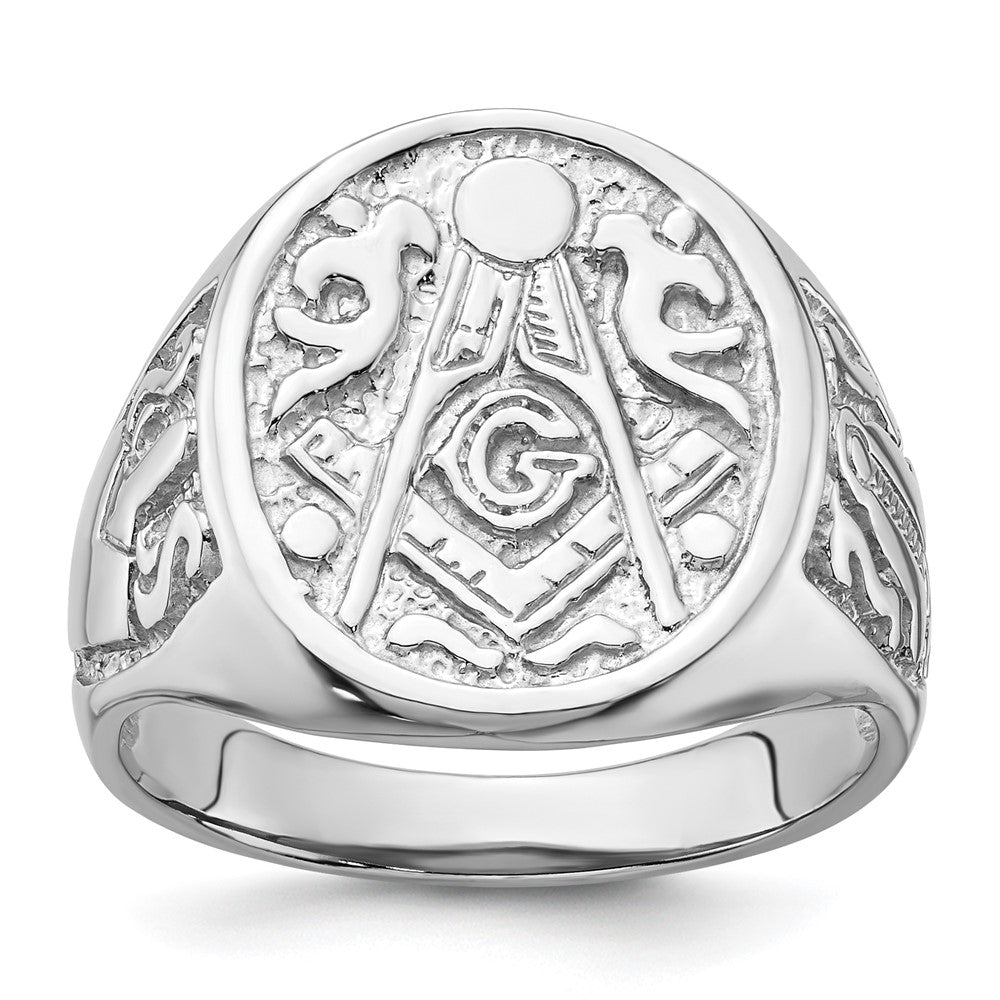 Exclusive 14K White Gold Men's Polished Masonic Ring - Stylish Grooved Design