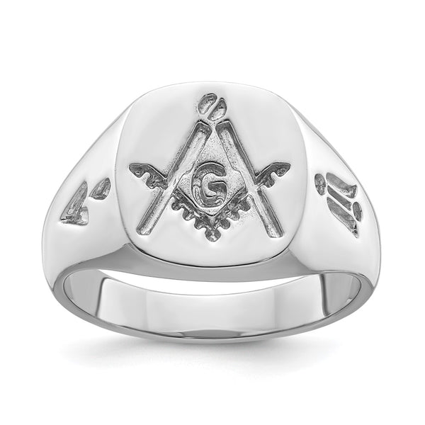 Men's 14K White Gold Masonic Ring - Grooved