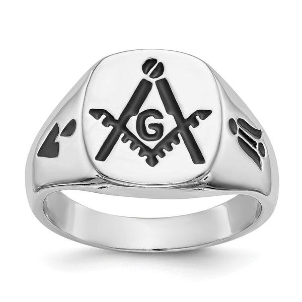 Men's 14K White Gold Masonic Ring - Polished Grooved