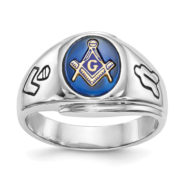Men's 14K White Gold Masonic Ring - Imitation Blue Spinel Accent