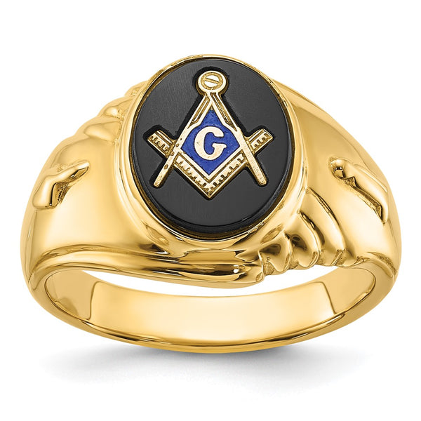 14K Men's Polished & Textured Masonic Ring with Oval Onyx