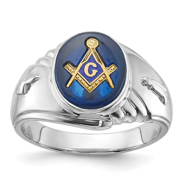 Men's 14K White Gold Masonic Ring - Imitation Blue Spinel