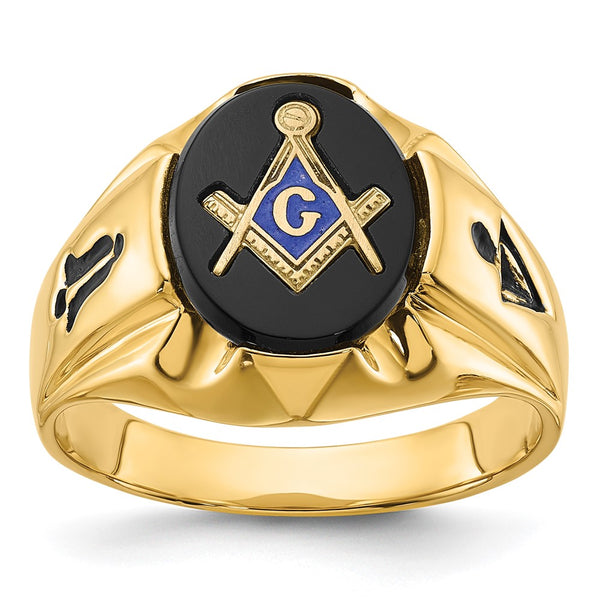 14K Men's Polished Antiqued Masonic Ring with Oval Onyx Stone