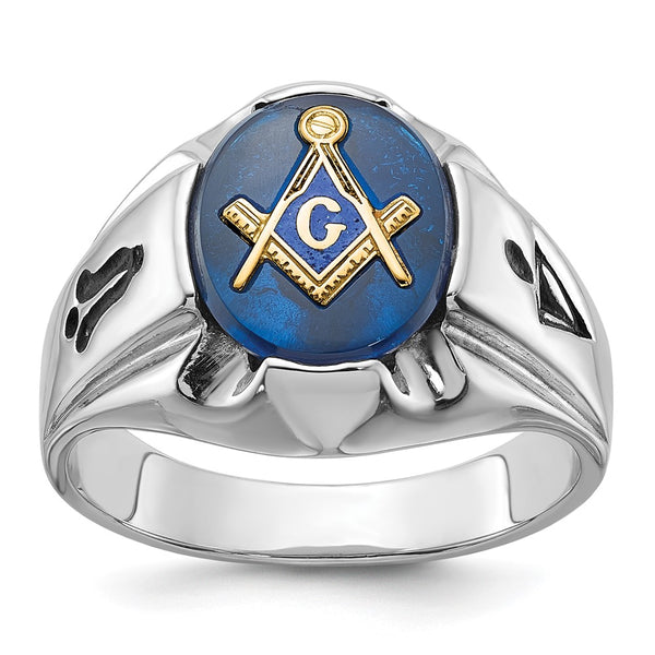Men's 14K White Gold Masonic Ring - 0.85mm Blue Spinel Accent