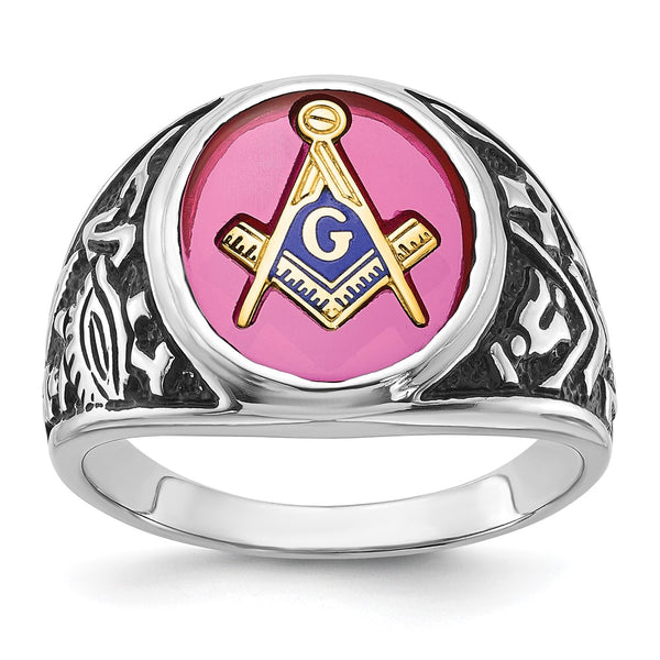 Men's 14K White Gold Masonic Ring with Lab-Created Ruby