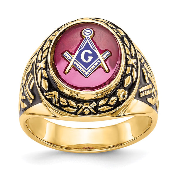 14K Men's Masonic Ring with Lab-Created Ruby