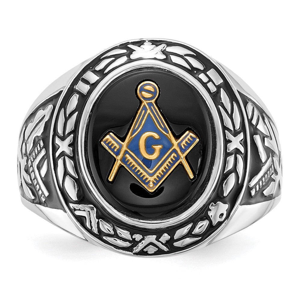 Exclusive Men's 14K White Gold Masonic Ring with Onyx - Stylish Design