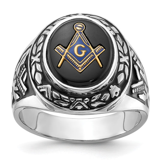 Exclusive Men's 14K White Gold Masonic Ring with Onyx - Stylish Design