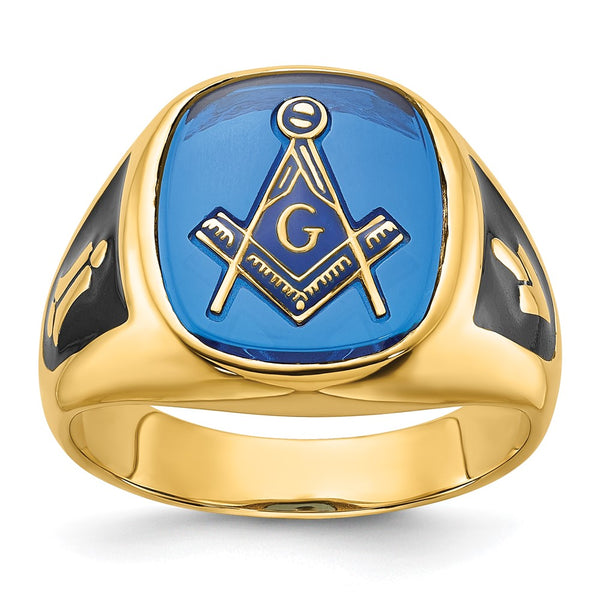14k Men's Masonic Ring - Polished Blue Spinel