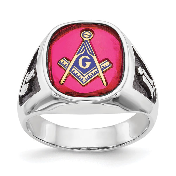 Men's 14K White Gold Masonic Ring with Ruby & Enamel