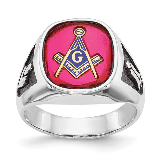 Buy Stylish Men's 14K White Gold Masonic Ring with Ruby & Enamel Finish