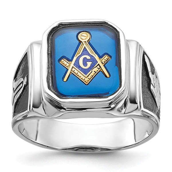 14K White Gold Masonic Ring with Blue Spinel Accents - 10g