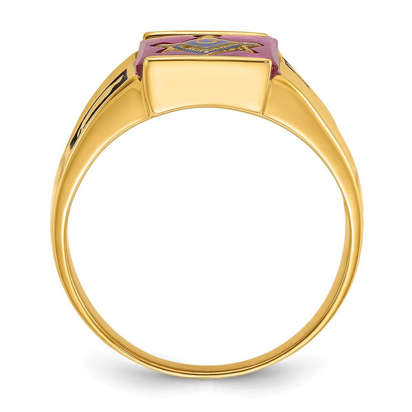 14K Men's Masonic Ring - Polished, Textured Ruby