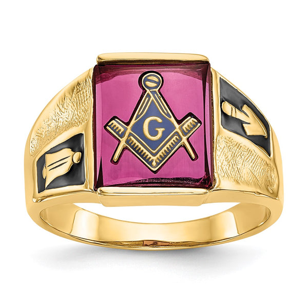14K Men's Masonic Ring - Polished, Textured Ruby