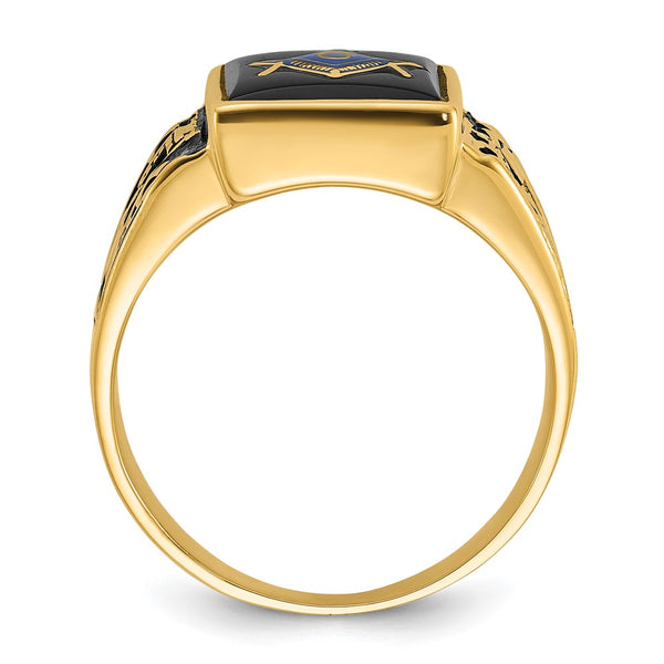 14K Men's Masonic Ring - Polished, Textured, Onyx Accents