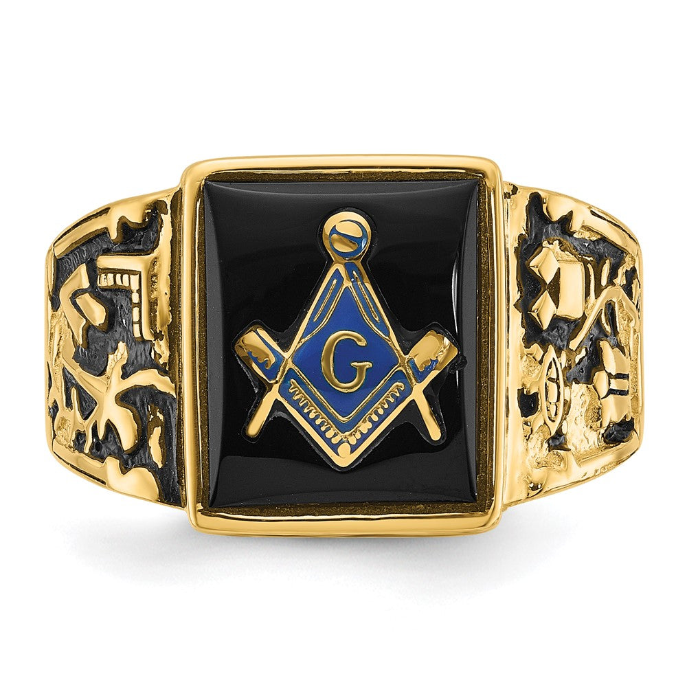 Shop Exclusive 14K Men's Masonic Ring - Polished, Textured, Onyx Accents