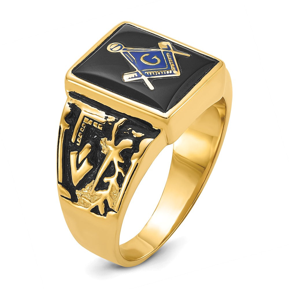 Shop Exclusive 14K Men's Masonic Ring - Polished, Textured, Onyx Accents