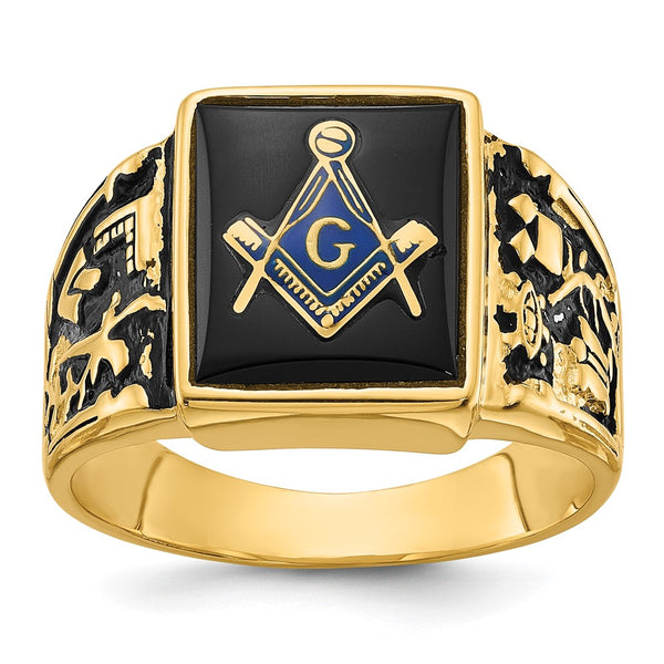 14K Men's Masonic Ring - Polished, Textured, Onyx Accents