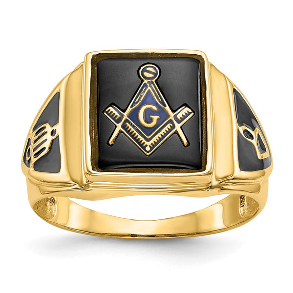 14K Men's Masonic Ring - Polished Onyx