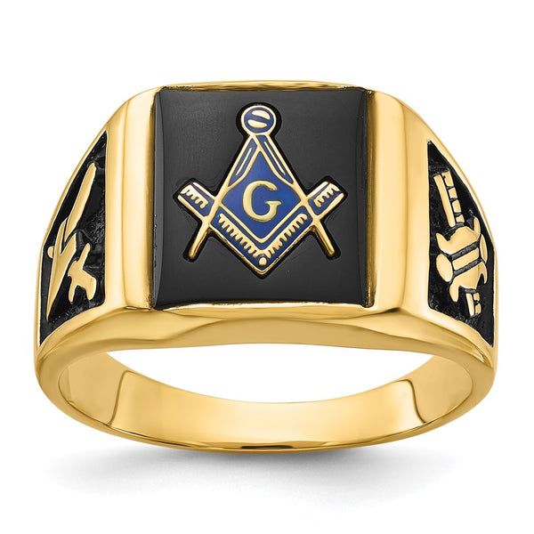 14K Men's Masonic Ring, .85mm Onyx Black Enamel