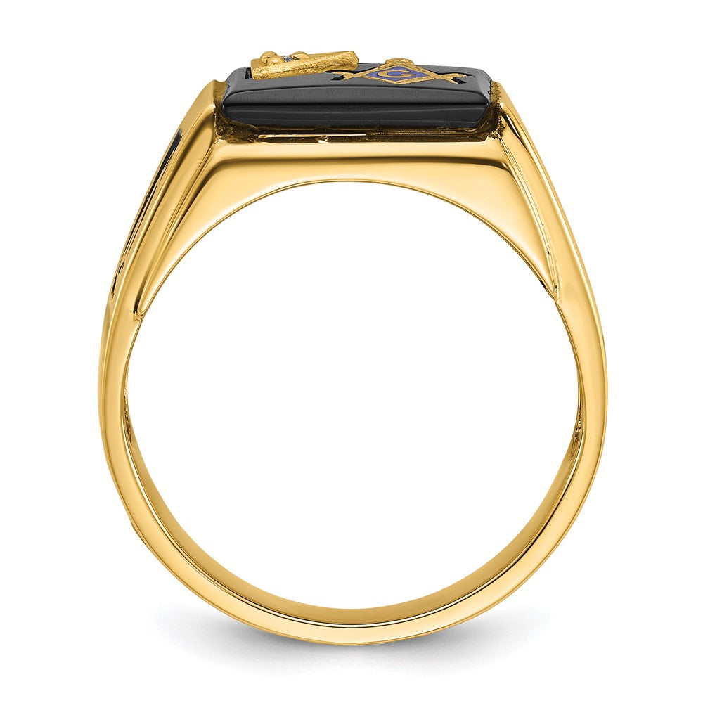 Exclusive 14K Men's Masonic Ring: Polished Black Enamel, Onyx & Diamonds
