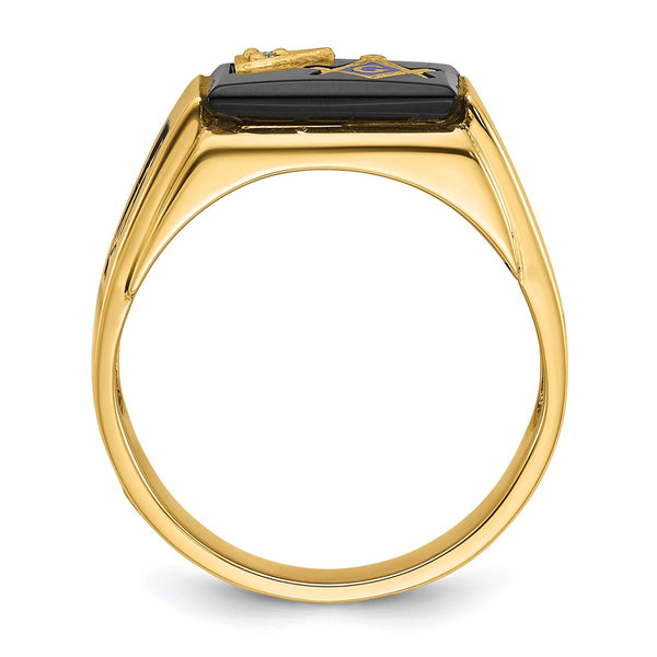 14K Men's Masonic Ring: Polished Black Enamel, Onyx Diamonds